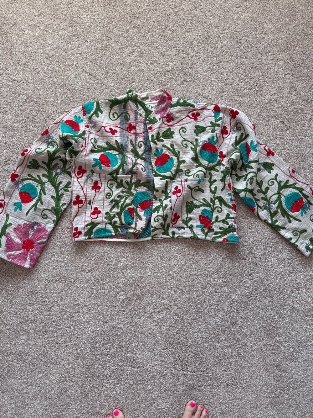 Soft Floral Embroidered Bomber Jacket - White & Multicolori